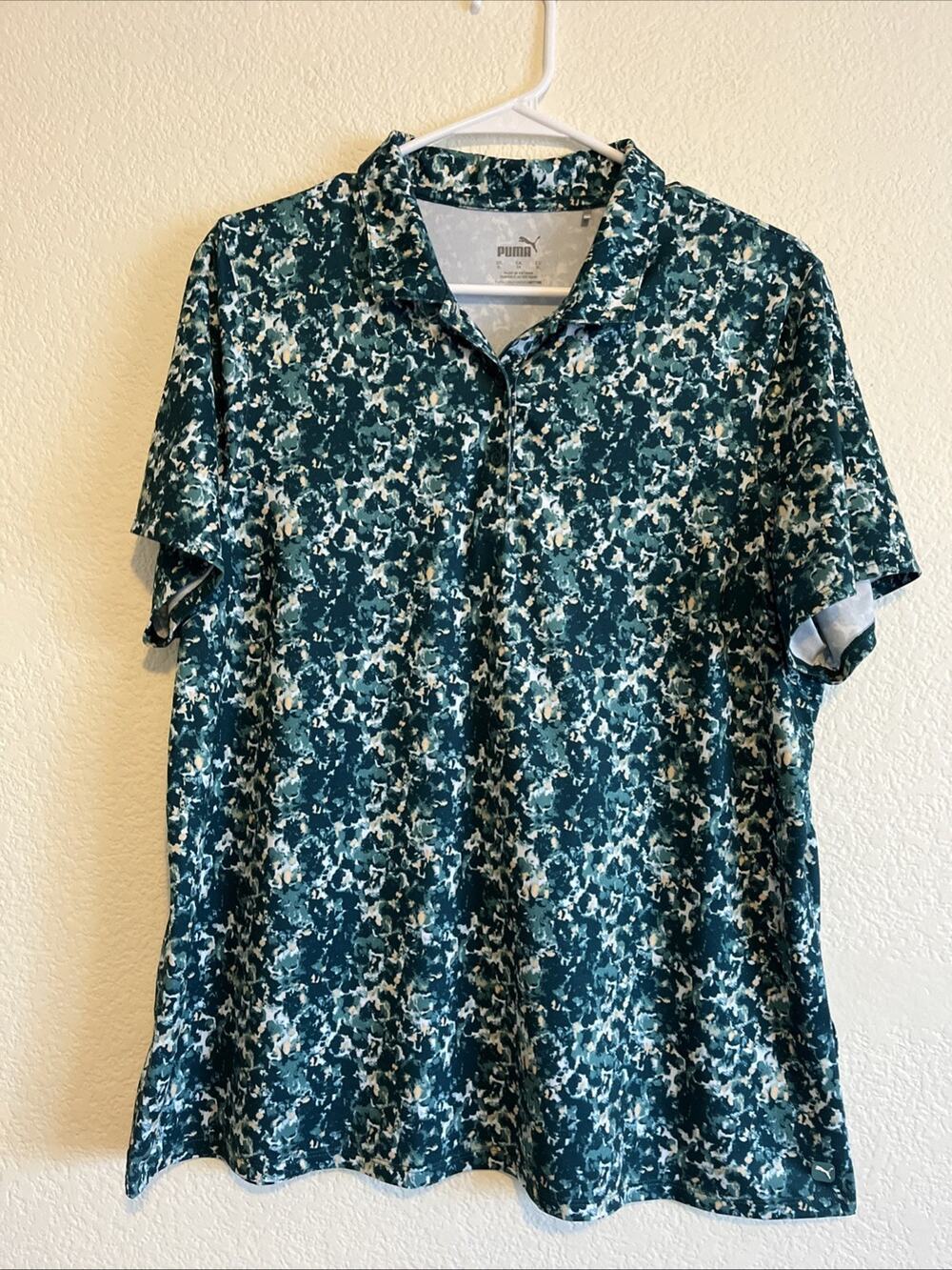 PUMA Women's Green Cloudspun Camo Polo Golf Shirt Size XL Short Sleeve Polyester - Picture 1 of 5